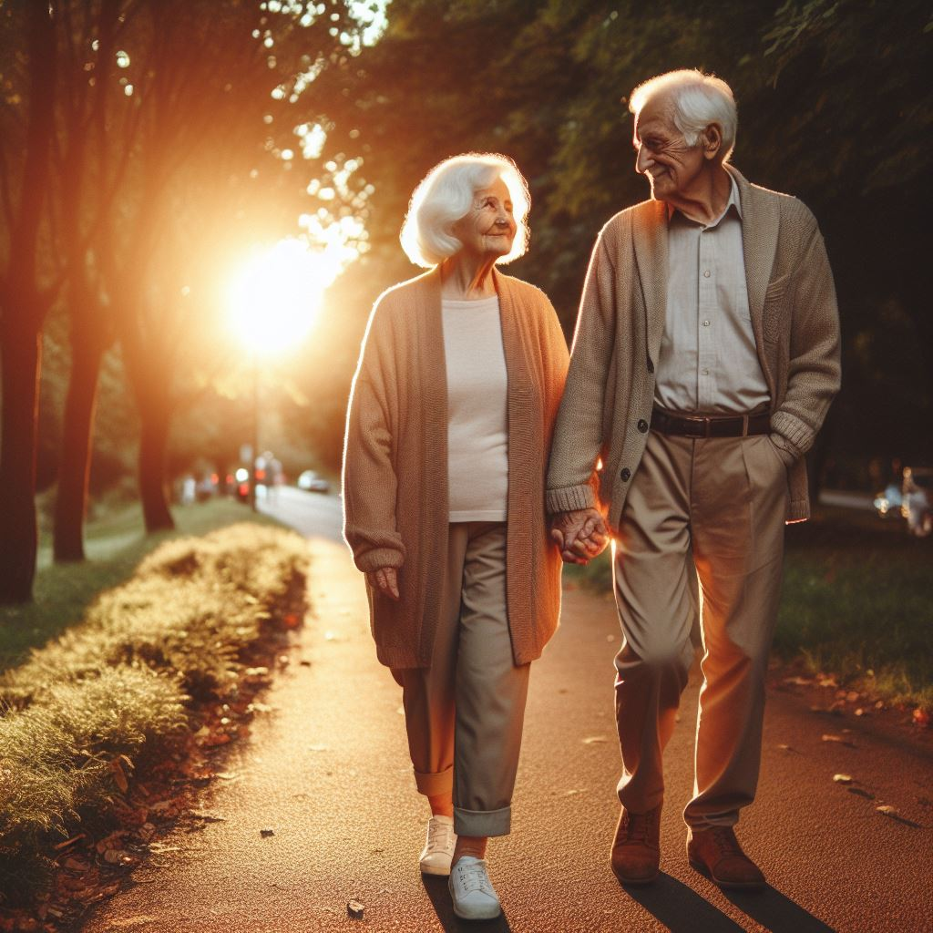 Old man and woman taking walk