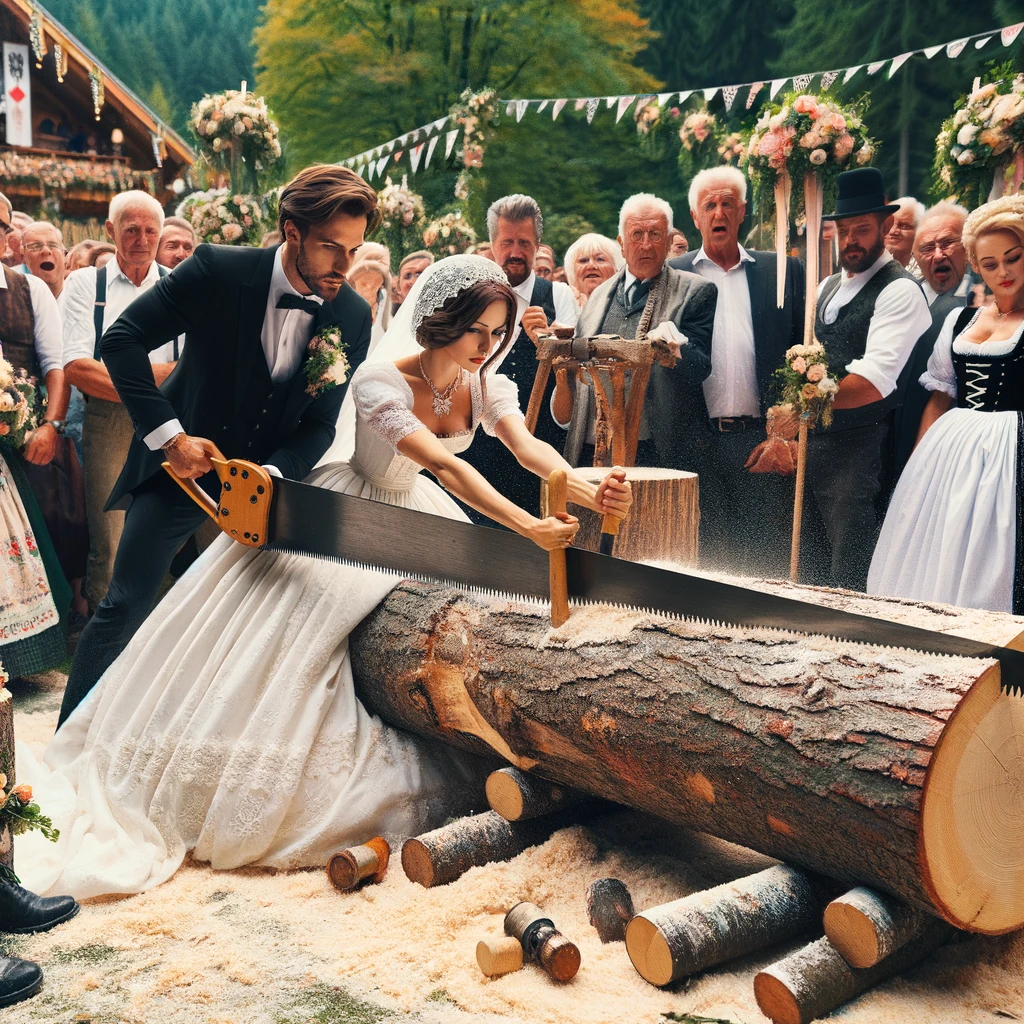 log sawing at German wedding